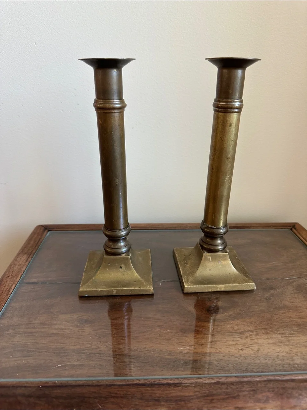 Mid Century Neoclassical Brass Column Candlestick Pair - 9” - Set of 2